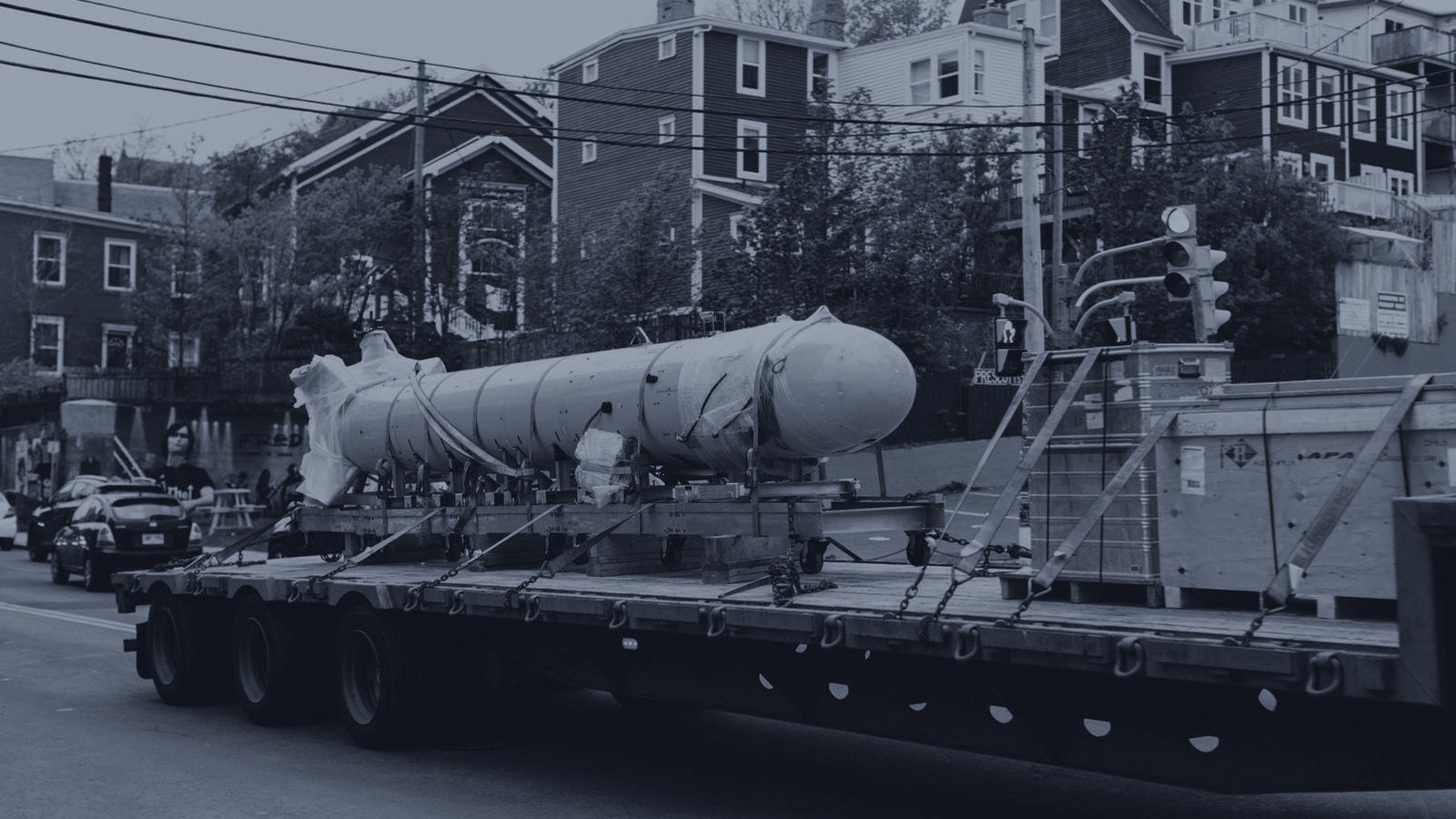 A heavy haul load secured on a multi-axle trailer