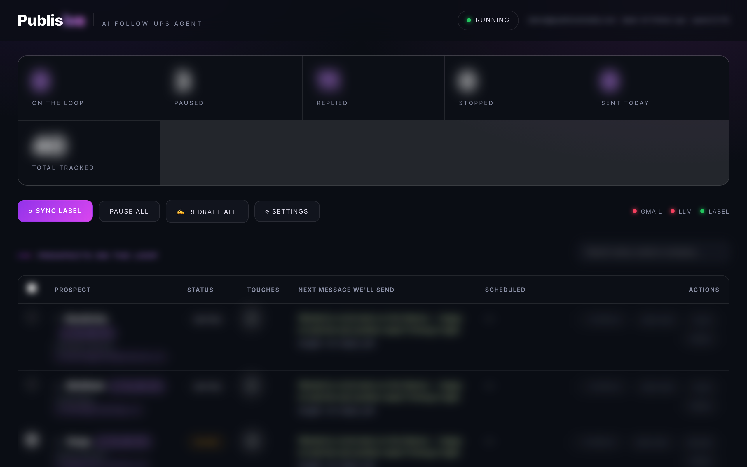 Publisive AI follow-up agent portal — records blurred